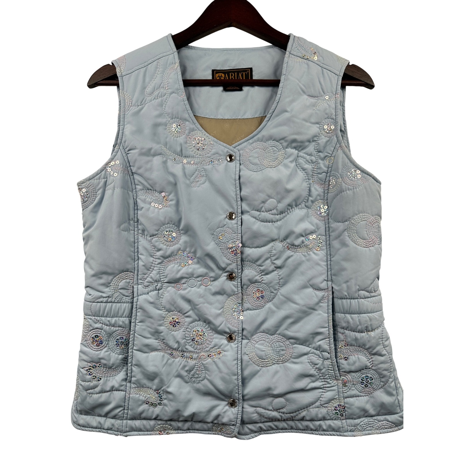 Ariat Puffer Sequined Vest Sz Medium Sleeveless Embroidered Pockets Pale Blue